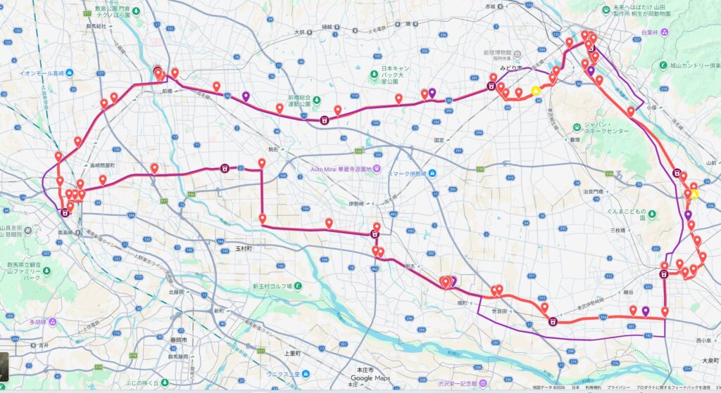 ぐんま100kmウォークとニューイヤー駅伝のコース比較マップ